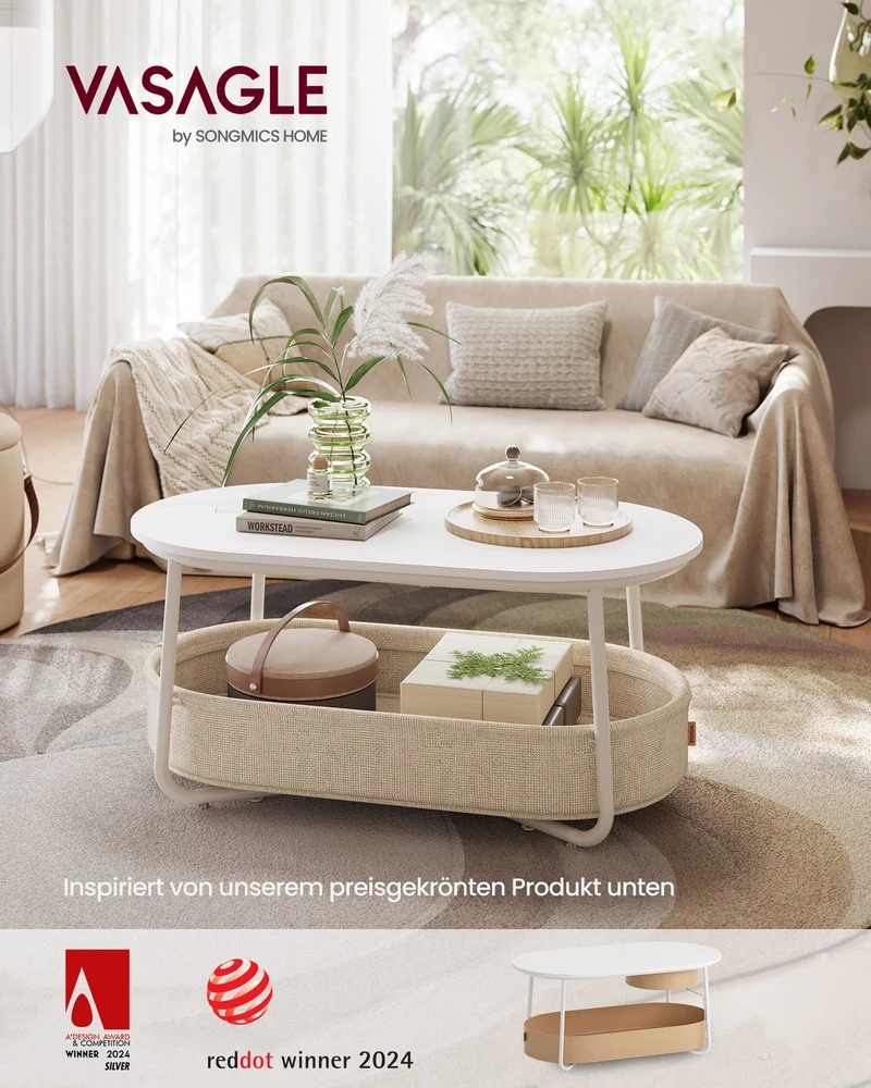 Couchtisch – Oval – Stauraum – Stahl und Spanplatte