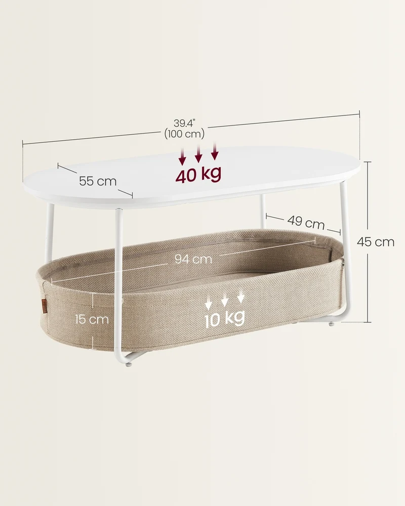 Couchtisch – Oval – Stauraum – Stahl und Spanplatte