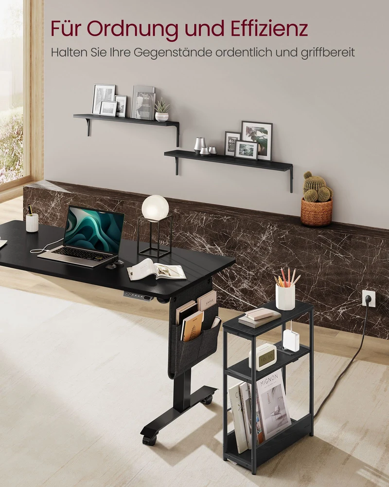 Beistelltisch schmal mit Ladefunktion – 3 Ablagen – Nachttisch / Sofatisch – für Wohnzimmer & Schlafzimmer