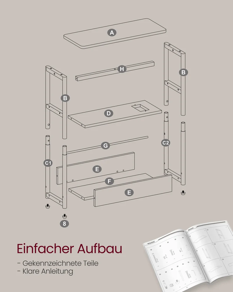 Beistelltisch schmal mit Ladefunktion – 3 Ablagen – Nachttisch / Sofatisch – für Wohnzimmer & Schlafzimmer