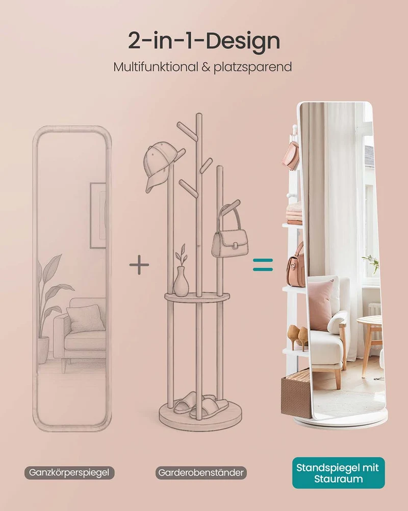 Standspiegel mit Ablagefläche – 360° drehbar – mit 4 Ablagen und 4 Haken – Ganzkörperspiegel – MDF und Sicherheitsglas