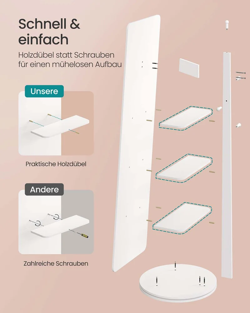 Standspiegel mit Ablagefläche – 360° drehbar – mit 4 Ablagen und 4 Haken – Ganzkörperspiegel – MDF und Sicherheitsglas