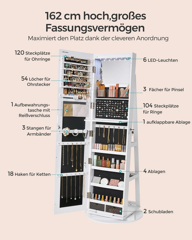 Schmuckschrank mit Spiegel – rahmenloser Ganzkörperspiegel – 360° drehbar – abschließbar – mit LED-Beleuchtung und klappbarem Schminktisch