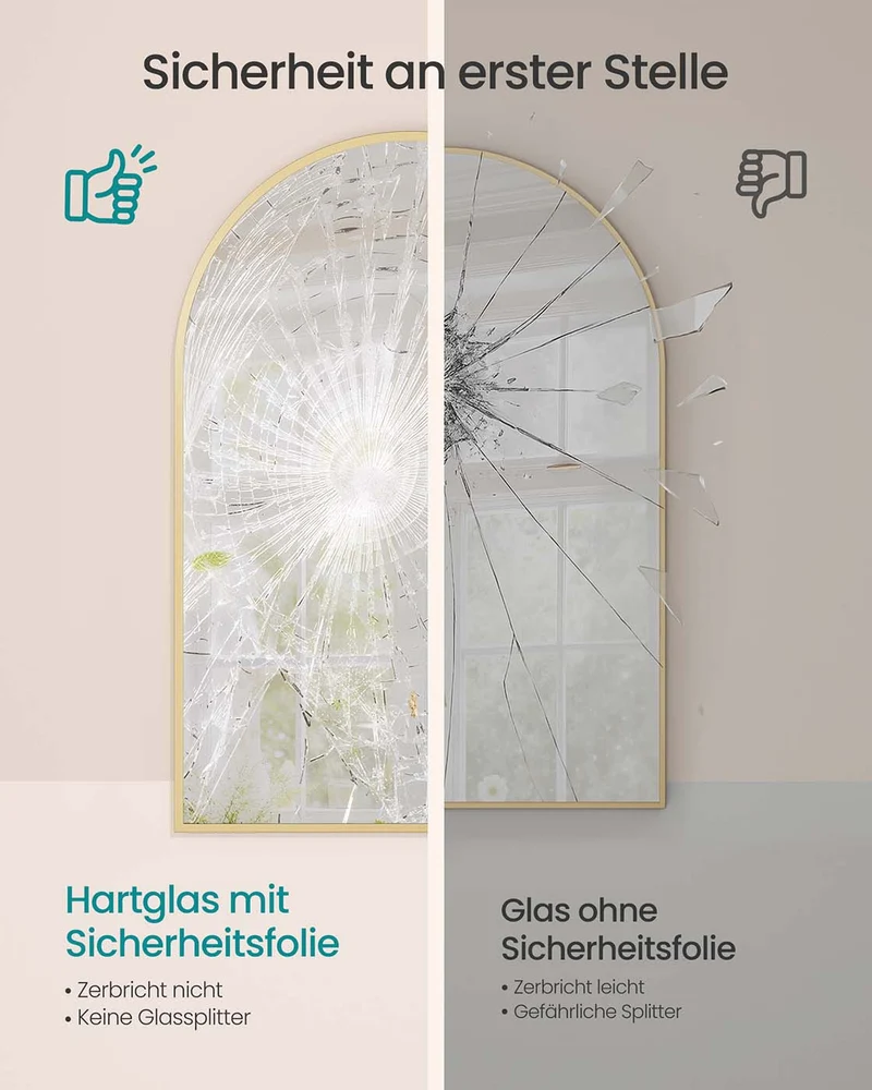 Wandspiegel mit Aluminiumrahmen – Ovales Design – Bruchsicheres Sicherheitsglas – 91 x 61 cm