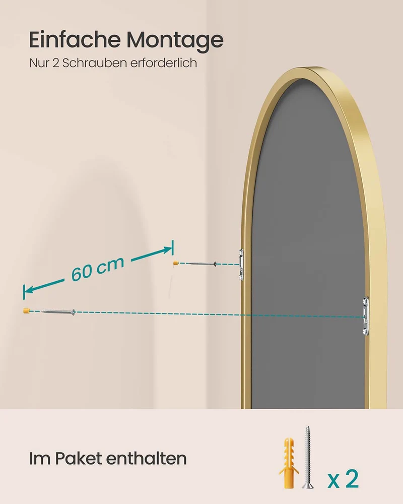 Wandspiegel mit Aluminiumrahmen – Ovales Design – Bruchsicheres Sicherheitsglas – 91 x 61 cm