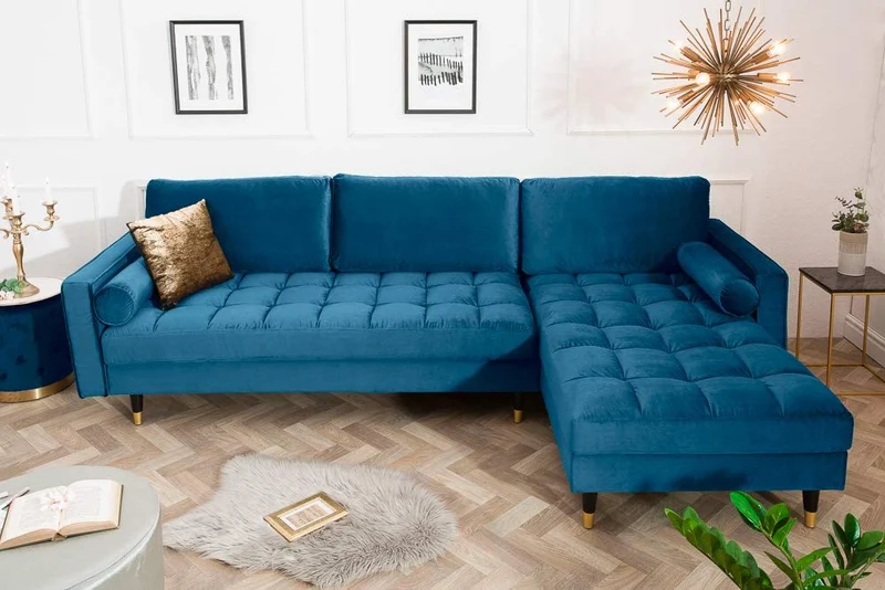 Ecksofa 260cm Ottomane beidseitig COMFORT blau Samt Federkern