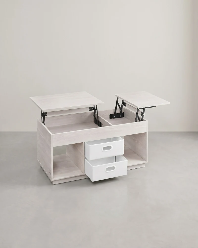 Couchtisch mit Hubfunktion – Moderner Couchtisch mit verstellbarer Tischplatte – Versteckter Stauraum & Schubladen – 100 cm – Holz & Stahl