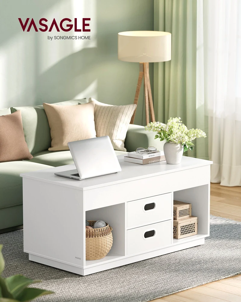 Couchtisch mit Hubfunktion – Moderner Couchtisch mit verstellbarer Tischplatte – Versteckter Stauraum & Schubladen – 100 cm – Holz & Stahl