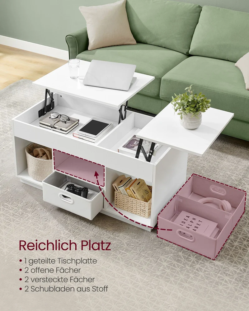 Couchtisch mit Hubfunktion – Moderner Couchtisch mit verstellbarer Tischplatte – Versteckter Stauraum & Schubladen – 100 cm – Holz & Stahl