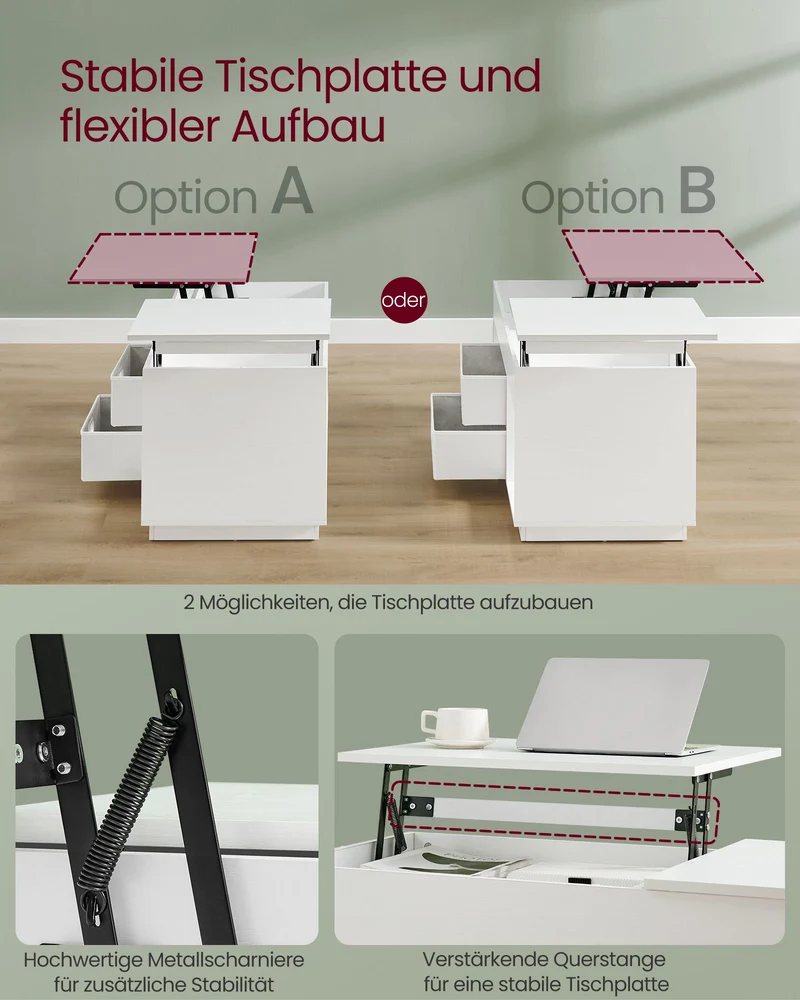 Couchtisch mit Hubfunktion – Moderner Couchtisch mit verstellbarer Tischplatte – Versteckter Stauraum & Schubladen – 100 cm – Holz & Stahl