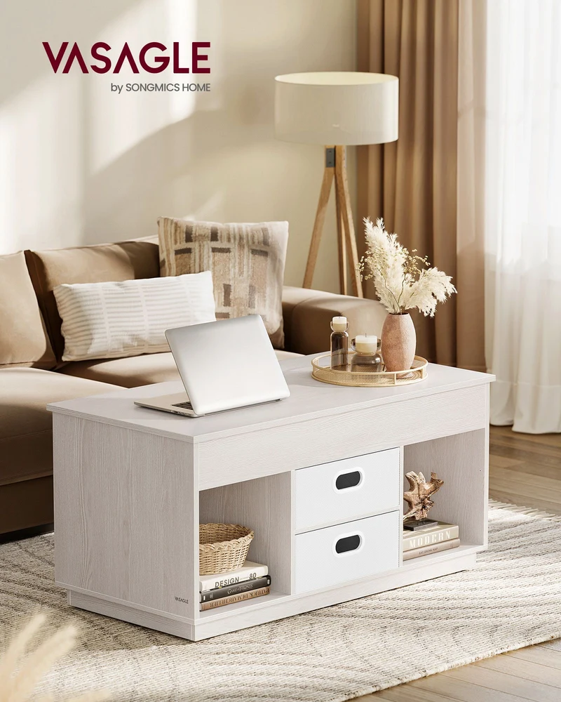 Couchtisch mit Hubfunktion – Moderner Couchtisch mit verstellbarer Tischplatte – Versteckter Stauraum & Schubladen – 100 cm – Holz & Stahl