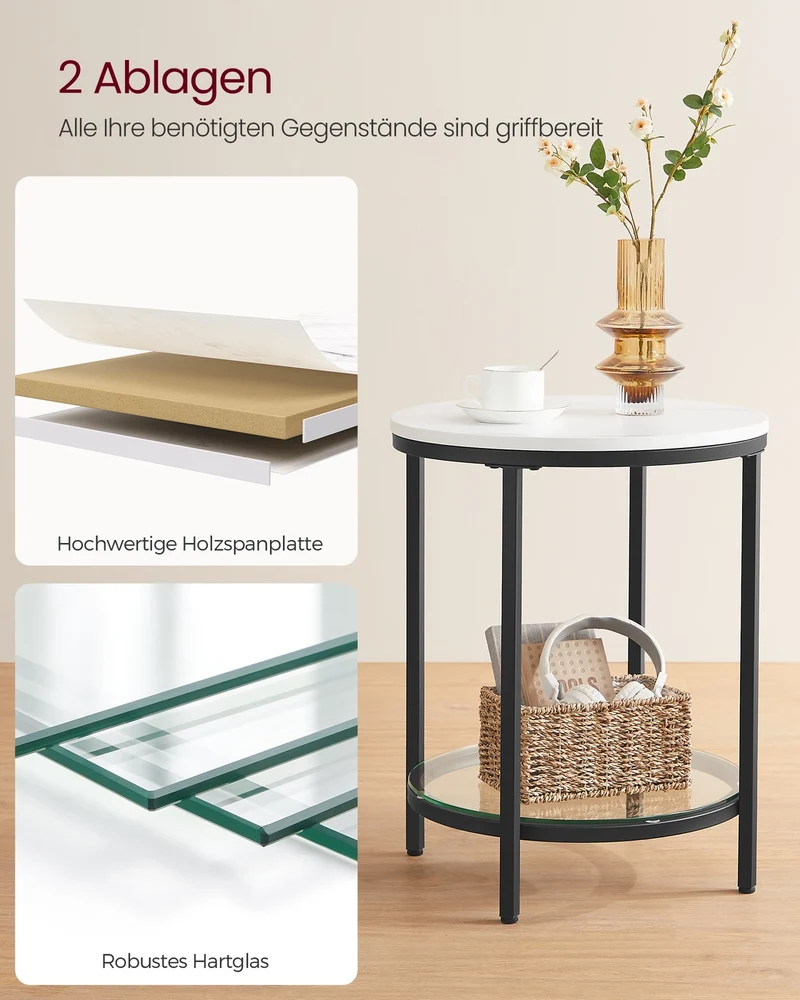 Beistelltisch Marmoroptik - Nachttisch mit 2 Ebenen - Gehärtetes Glas - Wohnzimmer - Schlafzimmer
