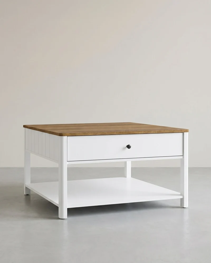 Couchtisch mit Schublade - Braune Tischplatte - Weißes Gestell - Kaffeetisch - 80 x 80 cm
