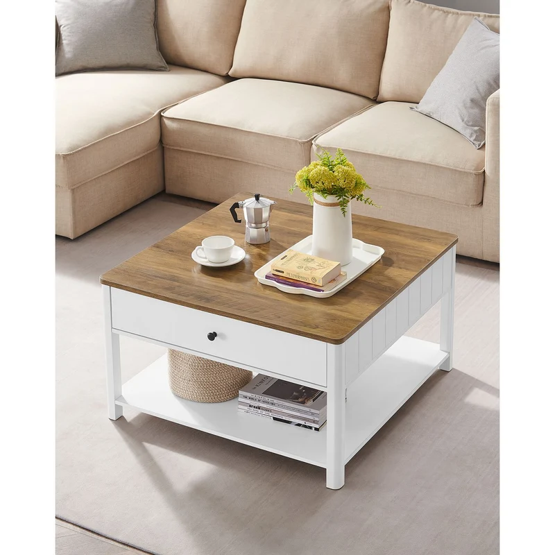 Couchtisch mit Schublade - Braune Tischplatte - Weißes Gestell - Kaffeetisch - 80 x 80 cm