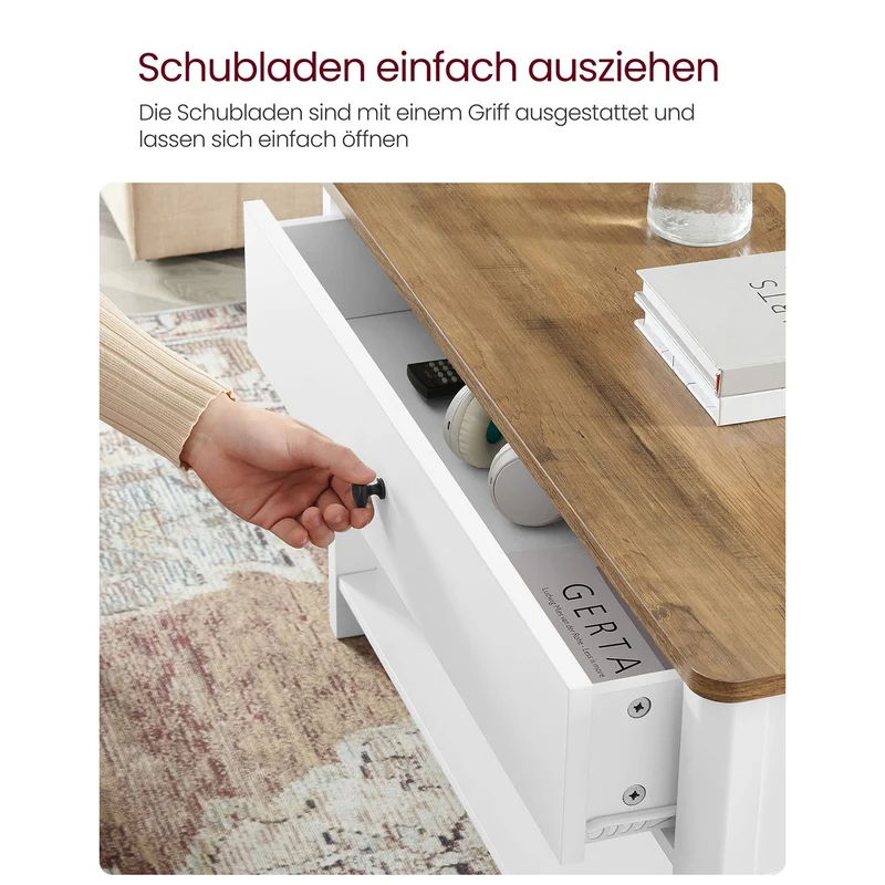 Couchtisch mit Schublade - Braune Tischplatte - Weißes Gestell - Kaffeetisch - 80 x 80 cm