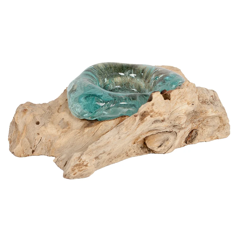 Unikat Teelichthalter DROP Teak recyceltes Glas
