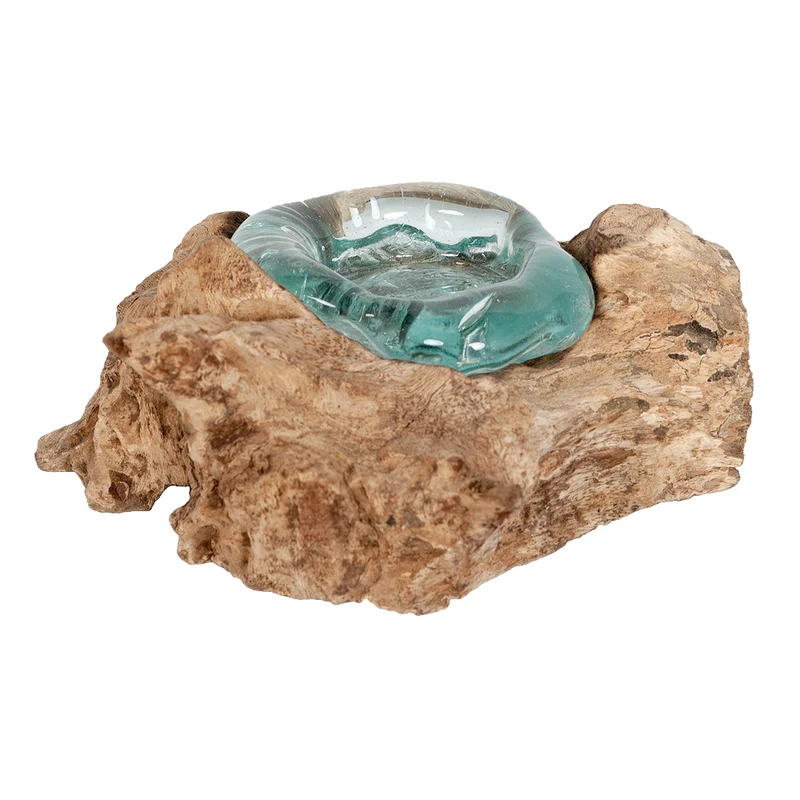 Unikat Teelichthalter DROP Teak recyceltes Glas