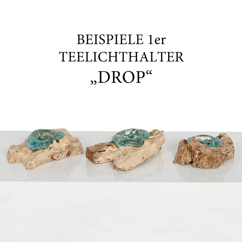Unikat Teelichthalter DROP Teak recyceltes Glas