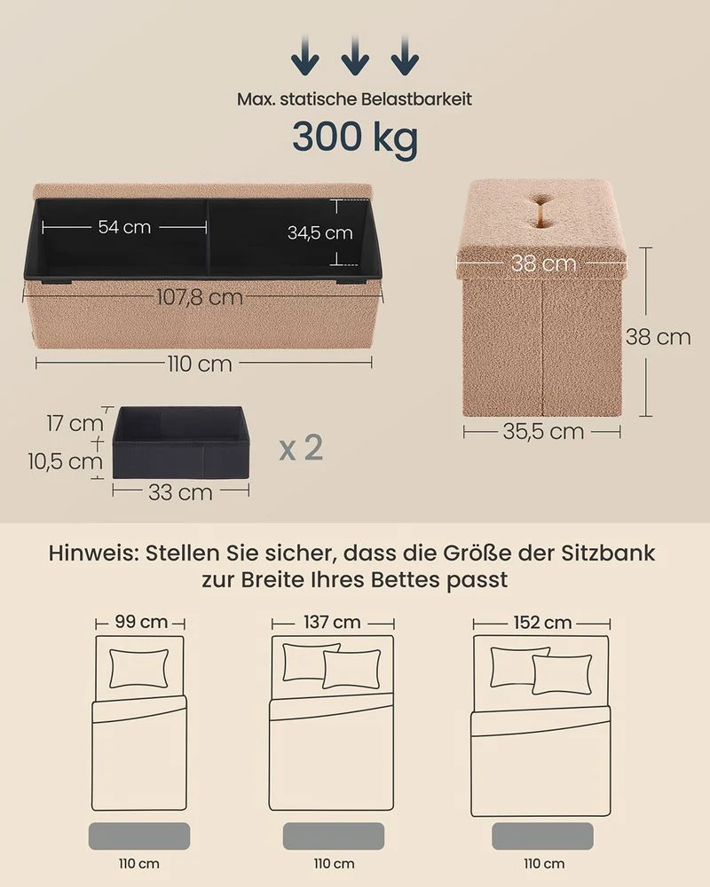 Sitzbank mit Stauraum 131 L – Sitzhocker / Truhenbank – faltbar – belastbar bis 300 kg für Wohn- & Schlafzimmer
