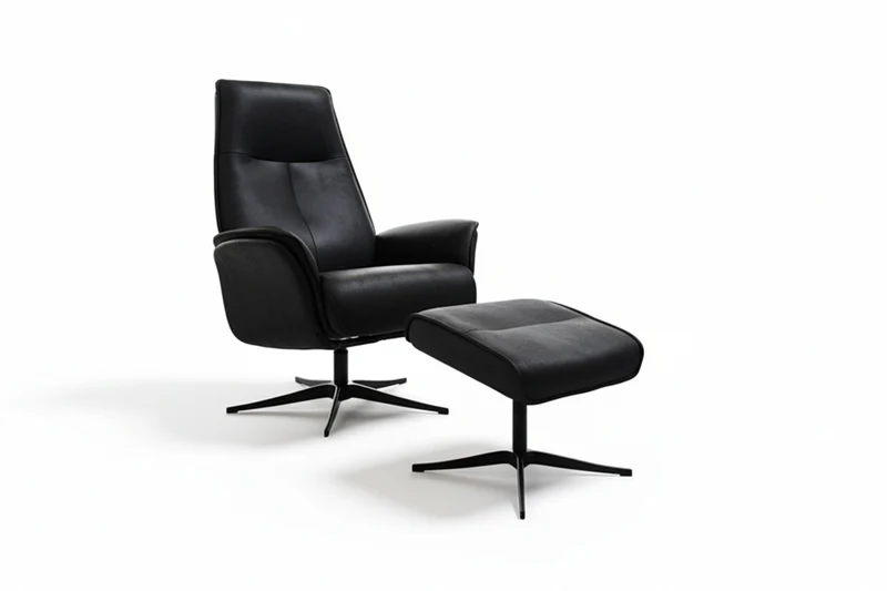 KAWOLA Relaxsessel JOSIANE Drehsessel Lederfaserstoff schwarz mit Hocker