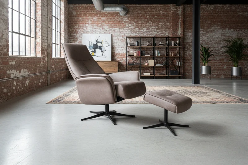 KAWOLA Relaxsessel JOSIANE Drehsessel Lederfaserstoff anthrazit mit Hocker