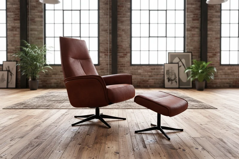 KAWOLA Relaxsessel JOSIANE Drehsessel Lederfaserstoff cognac mit Hocker
