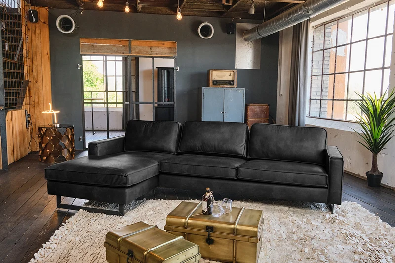 KAWOLA Ecksofa VILNIUS 3-Sitzer mit Longchair Lederfaserstoff schwarz