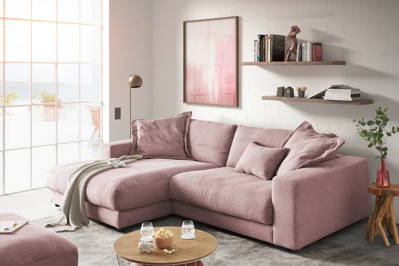 KAWOLA Sofa MADELINE Ecksofa Cord mit Longchair rosa