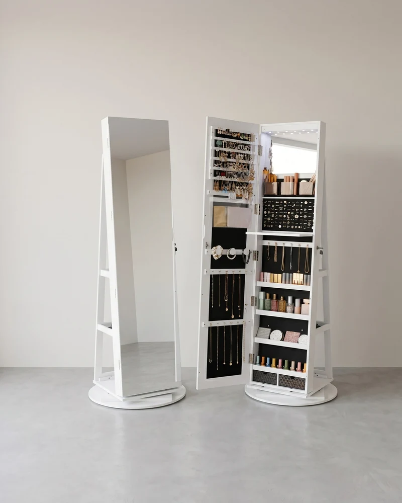 Schmuckschrank mit Spiegel – 360° drehbar – abschließbar – Stand-Schmuckorganizer für das Schlafzimmer