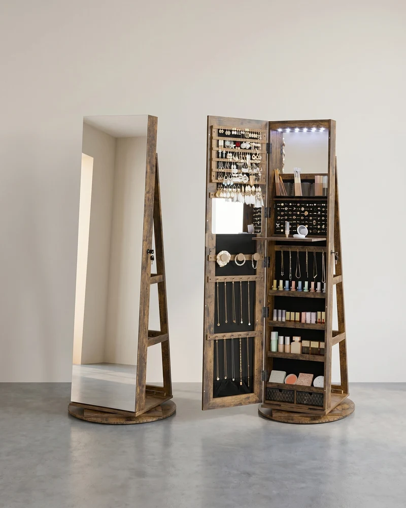 Schmuckschrank mit Spiegel – 360° drehbar – abschließbar – Stand-Schmuckorganizer für das Schlafzimmer