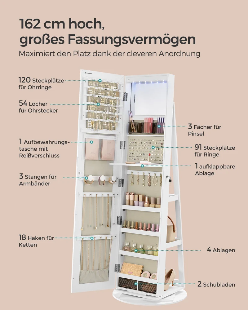 Schmuckschrank mit Spiegel – 360° drehbar – abschließbar – Stand-Schmuckorganizer für das Schlafzimmer