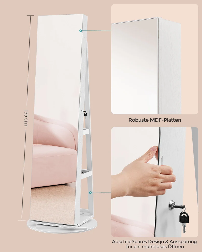 Schmuckschrank mit Spiegel – 360° drehbar – abschließbar – Stand-Schmuckorganizer für das Schlafzimmer