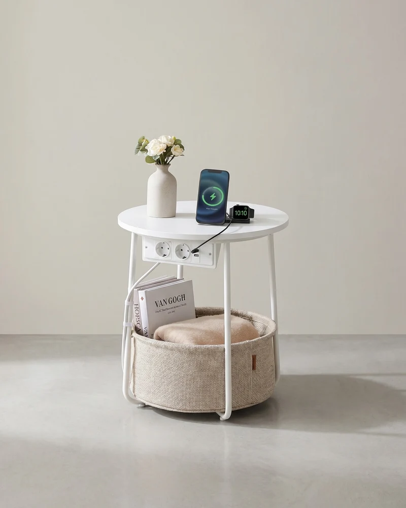 Beistelltisch mit Steckdose und USB-Anschluss - mit Korb - Moderner Tisch
