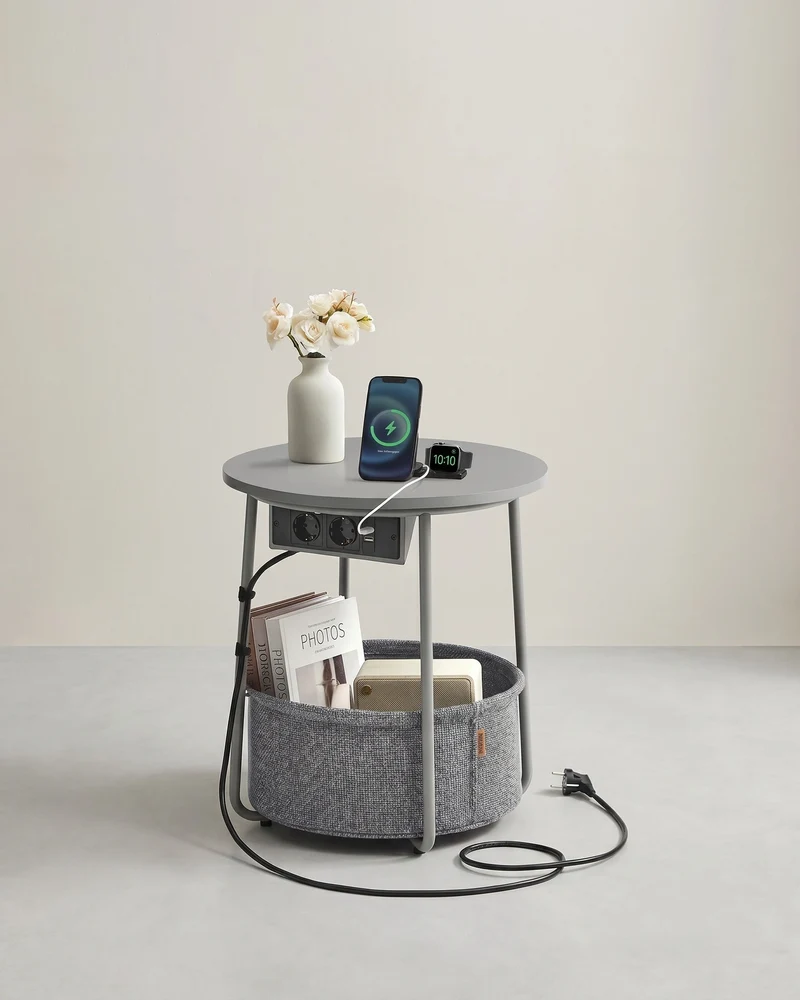 Beistelltisch mit Steckdose und USB-Anschluss - mit Korb - Moderner Tisch