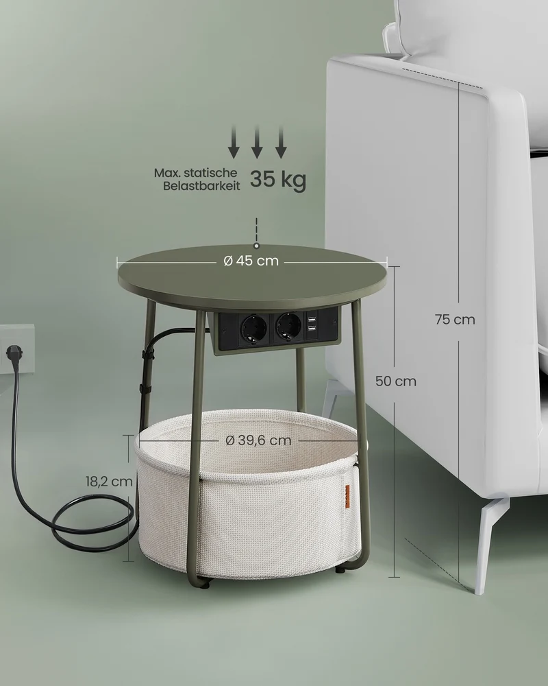 Beistelltisch mit Steckdose und USB-Anschluss - mit Korb - Moderner Tisch