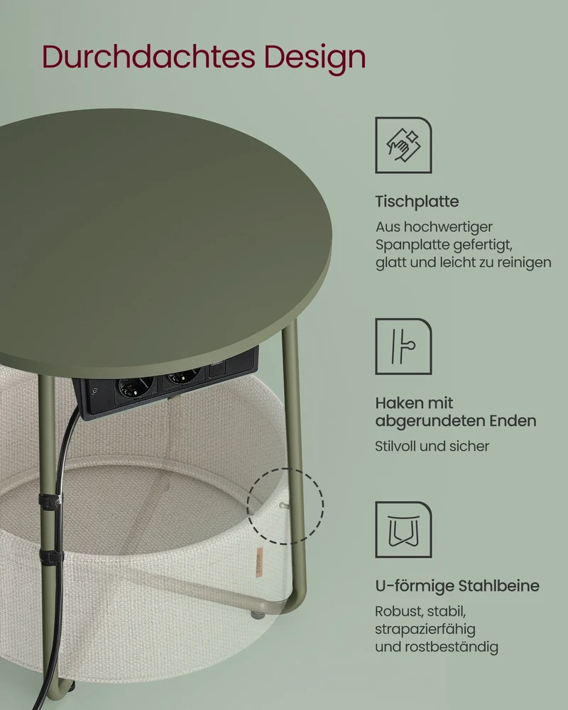 Beistelltisch mit Steckdose und USB-Anschluss - mit Korb - Moderner Tisch