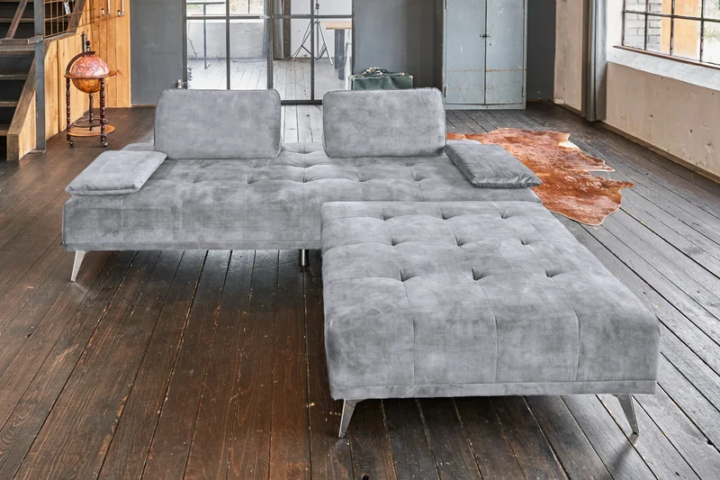 KAWOLA Sofa WIOLO Schlafsofa Daybed mit Hocker velvet grau