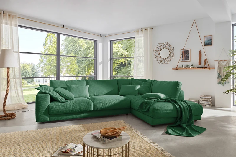 KAWOLA Sofa MADELINE Ecksofa mit Recamiere Cord smaragd