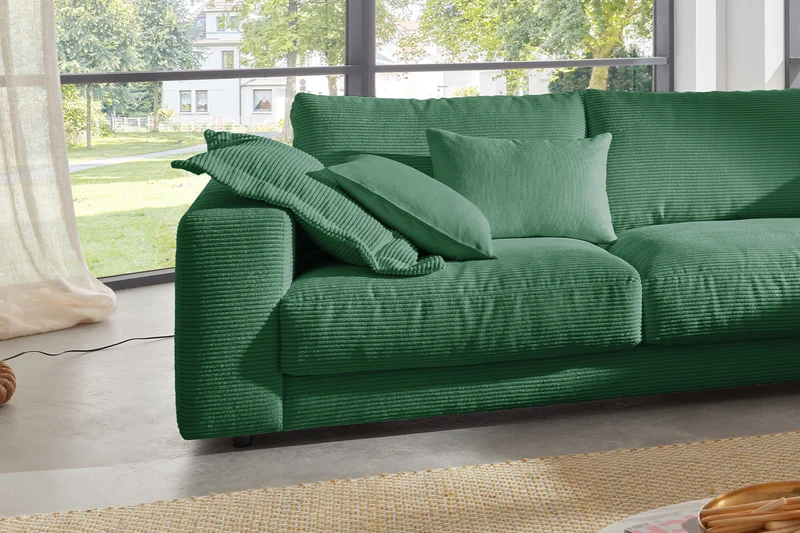 KAWOLA Sofa MADELINE Ecksofa mit Recamiere Cord smaragd