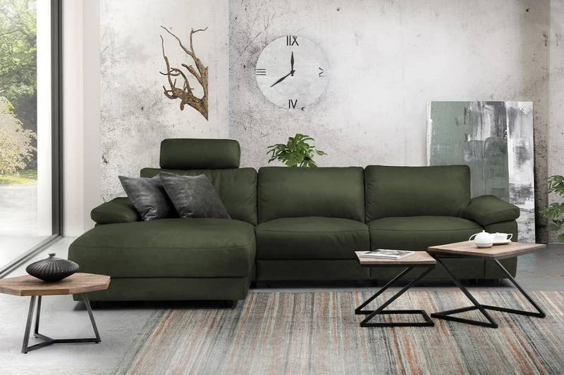 KAWOLA Sofa LOLA Ecksofa Leder moosgrün mit motorischer Relaxfunktion