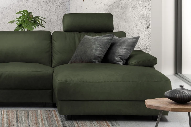 KAWOLA Sofa LOLA Ecksofa Leder moosgrün mit motorischer Relaxfunktion