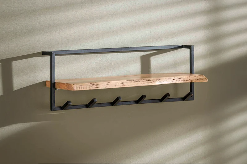 KAWOLA Garderobe NEREA Akazie Metall Hutablage mit Baumkante 6 Haken schwarz