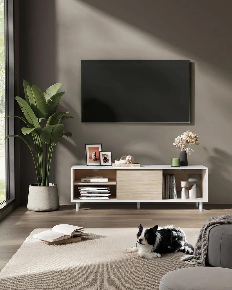 TV-Schrank für Fernseher bis 60 Zoll – modern Schwarz/Weiß mit Glastür – werkzeuglose Montage – TV-Lowboard mit Stauraum