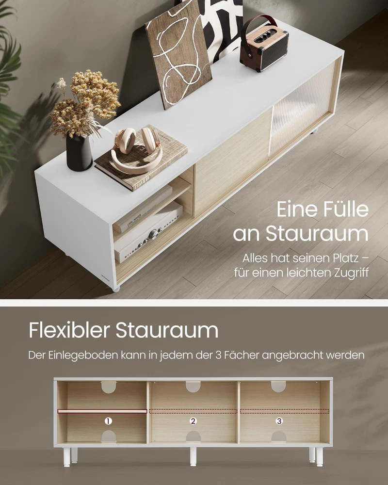 TV-Schrank für Fernseher bis 60 Zoll – modern Schwarz/Weiß mit Glastür – werkzeuglose Montage – TV-Lowboard mit Stauraum