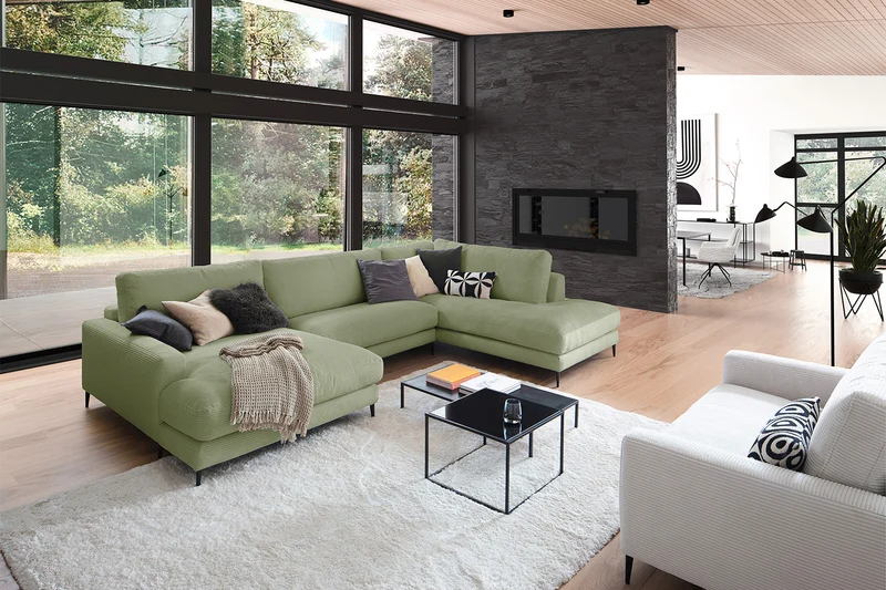 KAWOLA Sofa CARA Wohnlandschaft U-Form Cord olivgrün