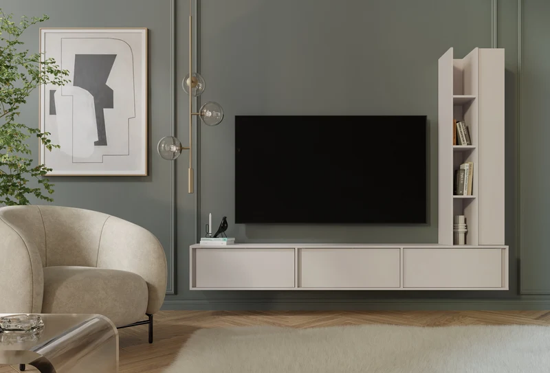 Velor TV-Lowboard 230 cm mit 3 Klappen – Kaschmir
