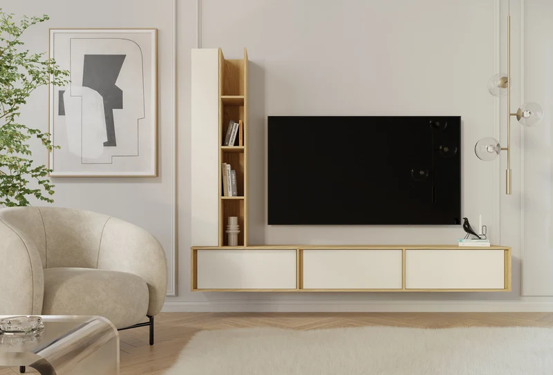 Velor TV-Lowboard 230 cm mit 3 Klappen – Frühlingseiche / Macadamia