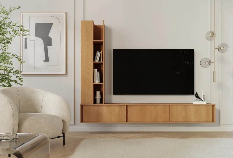 Velor TV-Lowboard 230 cm mit 3 Klappen – Eiche Carmel