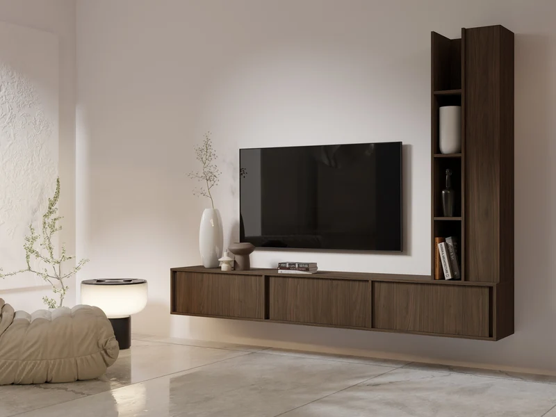 Velor TV-Lowboard 230 cm mit 3 Klappen – Walnuss Villa