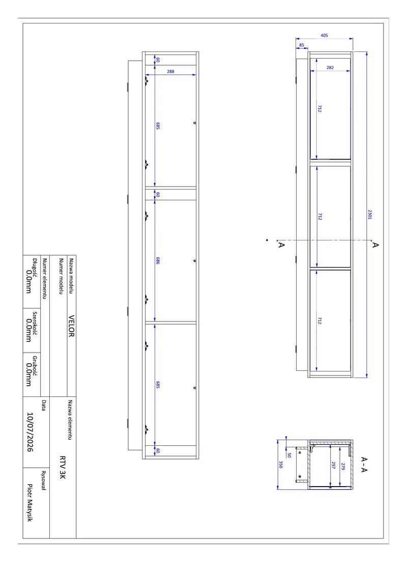 Velor TV-Lowboard 230 cm mit 3 Klappen – Walnuss Villa